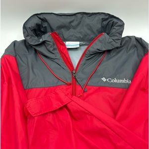 Columbia Large Nylon Windbreaker Shell Jacket Packable Full Zip Hood Red/Gray